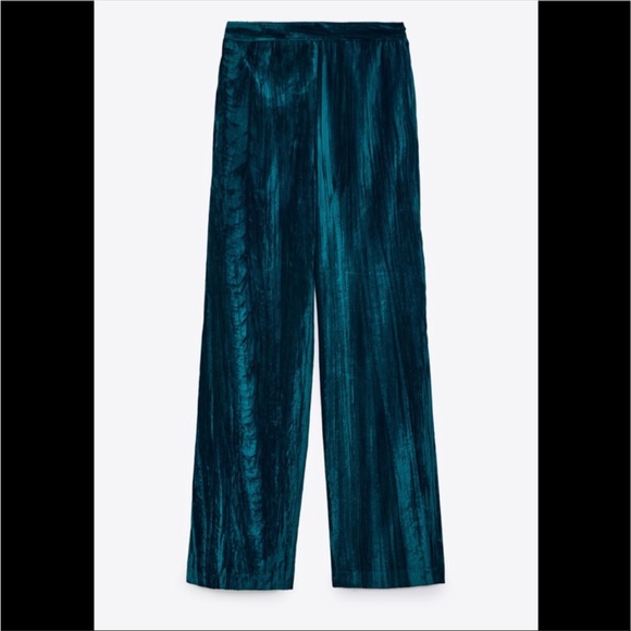 ZARA New Wrinkled Effect Velvet Pants S Gorgeous Rich Teal - Picture 2 of 3